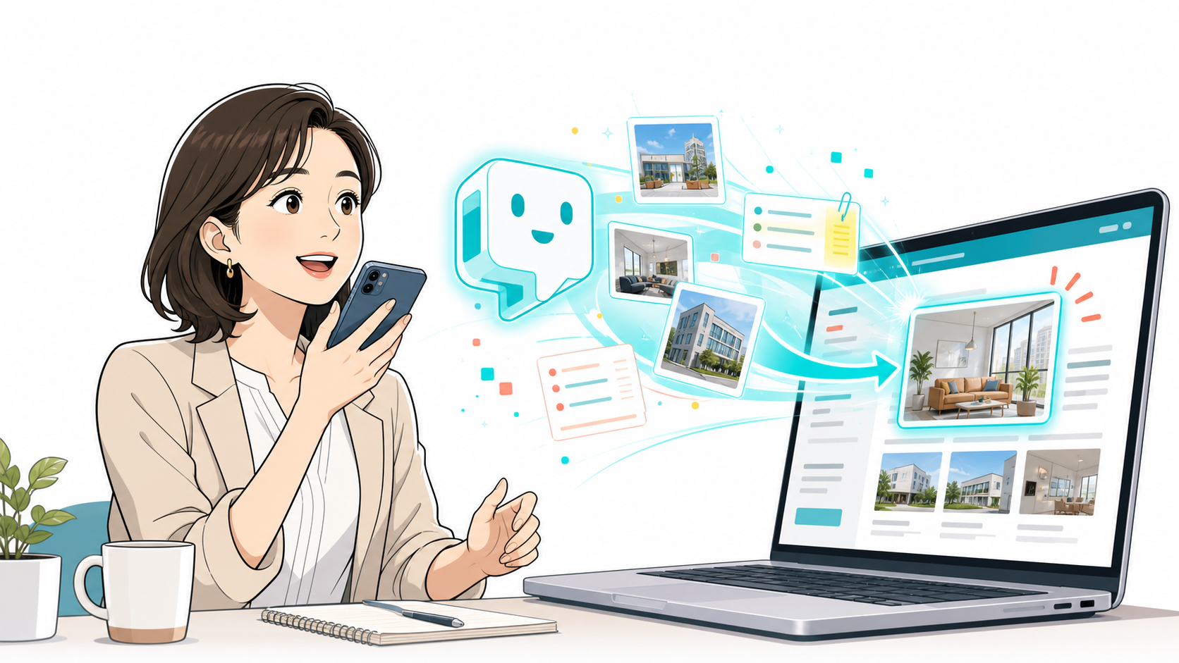 スマホに話した内容をAIが整理し、施工事例ページが更新されるイメージ