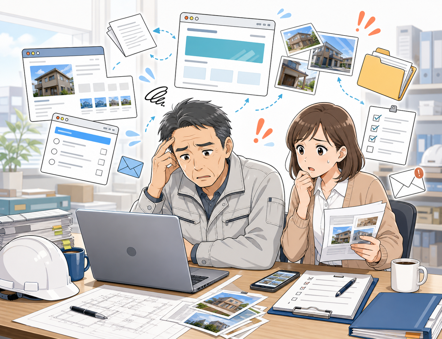 工務店のホームページ更新の手順が多く、社長と事務担当者が困っているイメージ